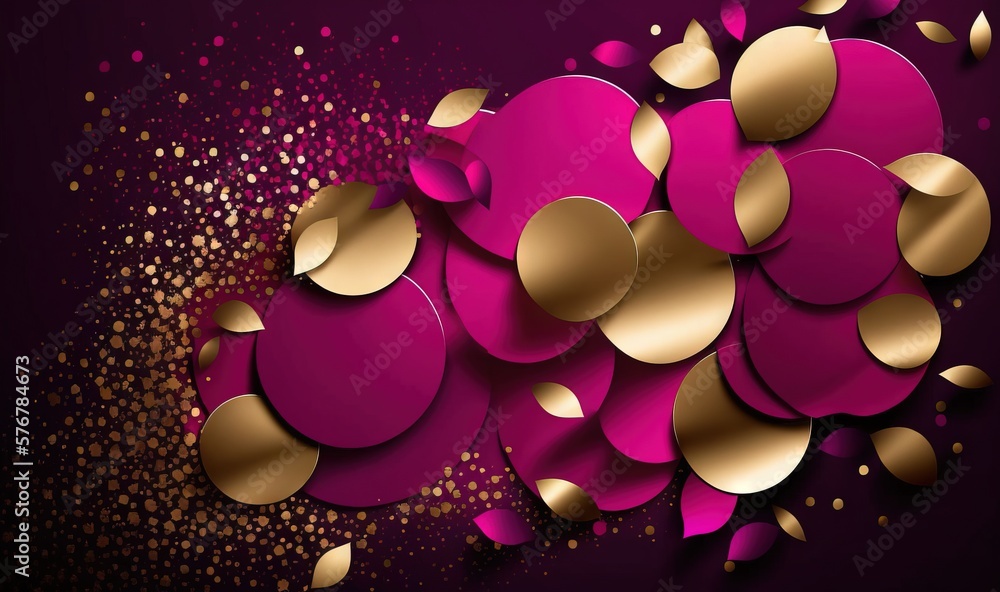 Aufkleber a purple and gold abstract background with circles and confetti on a dark purple background with gol