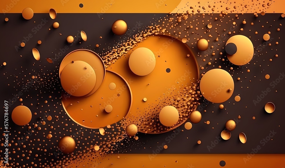 Poster a group of bubbles floating on top of a black and orange surface with a yellow stripe in the middle 