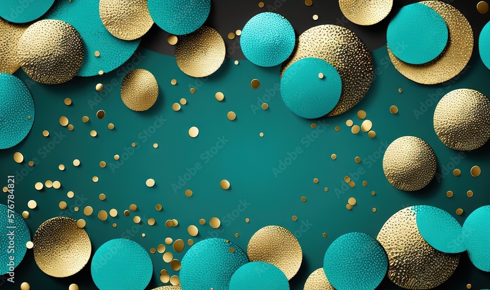 Poster a blue and gold background with circles and dots on it, with a green background with gold dots and a