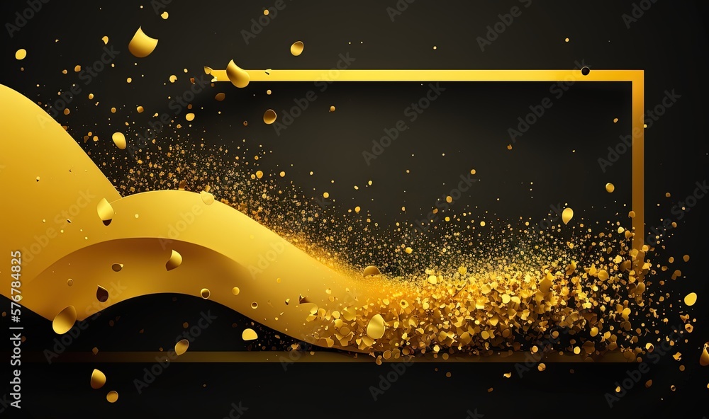 Poster a gold frame with a black background and gold confetti falling from the top of the frame, with a bla
