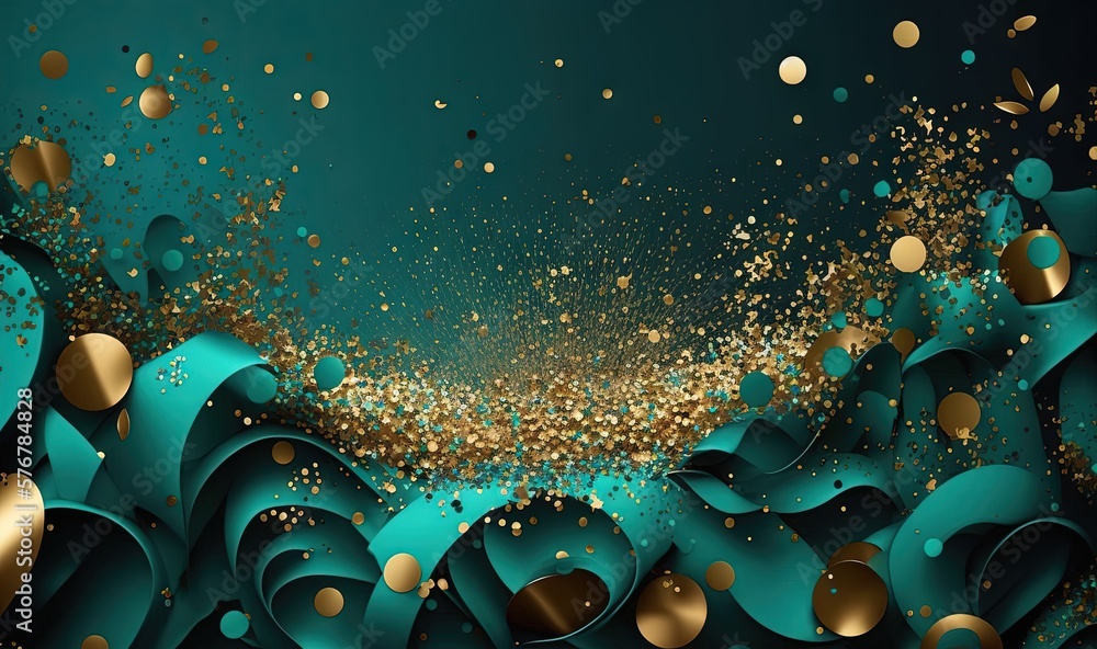 Aufkleber a blue and gold background with gold confetti and bubbles in the middle of the image and a blue back