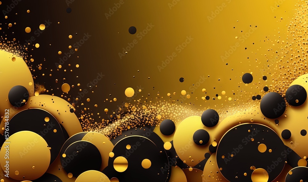 Poster a group of black and yellow bubbles floating on top of a yellow surface with a black and white backg