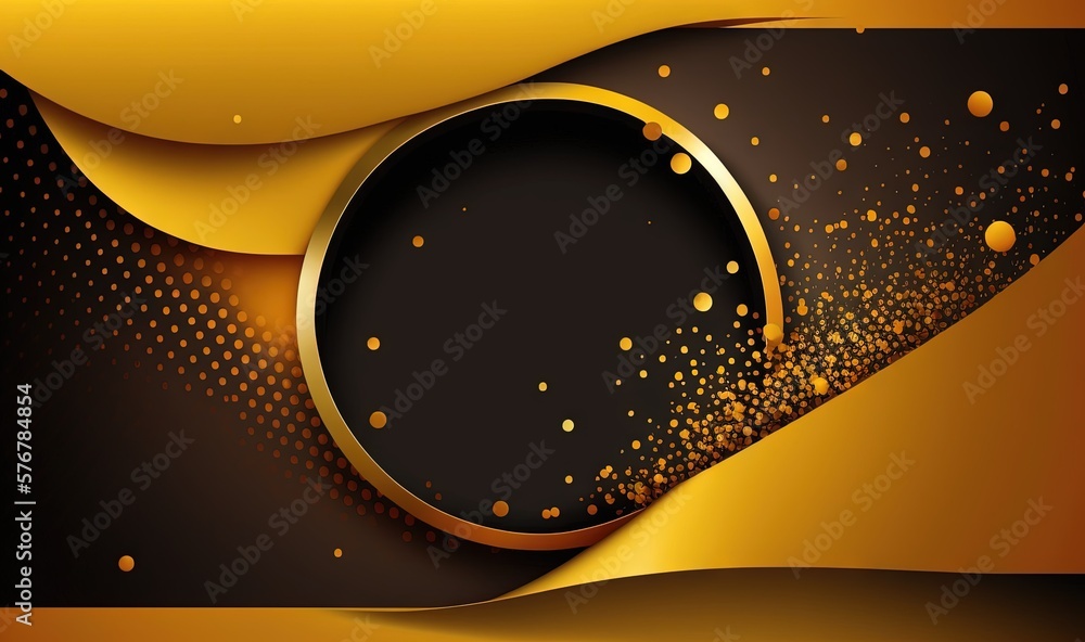 Poster a black and gold background with circles and dots on it's edges and a black circle with gold dots on