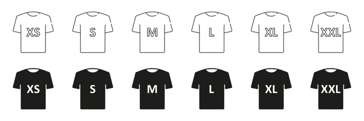 T-shirt Size Black Silhouette and Line Icons Set. Human Clothing Size Label. Man or Woman T-Shirt Size Tag. Isolated Vector Illustration