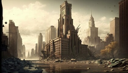Naklejka premium The ruins of a destroyed building in the middle of the city. Generative Ai
