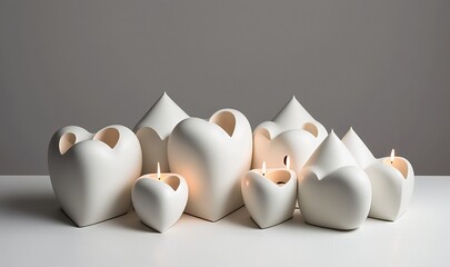  a group of white vases sitting on top of a white table next to each other with a lit candle in the middle of them.  generative ai