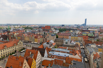 Top view of Wroclaw. City center with colorful houses with red roofs and square, Poland