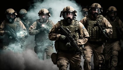 Group of special forces soldiers in action. Special forces soldiers in action. Generative Ai
