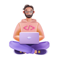 3D man sitting with laptop computer, vector cartoon male character face, glasses, business person. Successful young guy worker, smiling cute student happy funny manager. Office man laptop figure