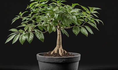  a small tree with green leaves in a pot on a black background with a black background and a black background with a black background and white background.  generative ai