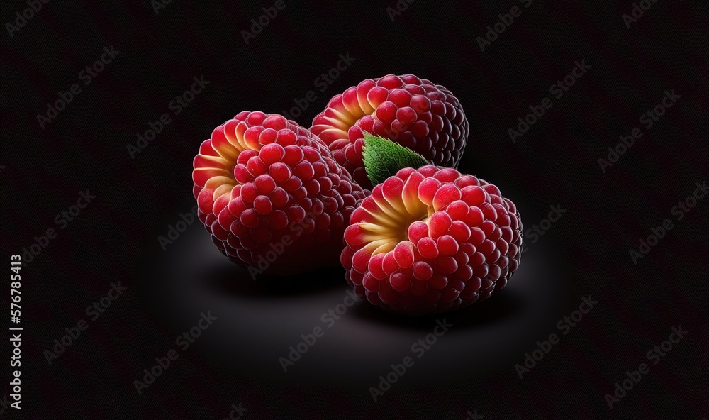 Poster  three raspberries with a green leaf on a black background with a black background and a black background with a red raspberry.  generative ai