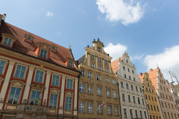 Market Square in Wroclaw with colorful historical buildings. The historical center of Wroclaw, Poland