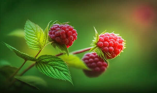  raspberries on a branch with green leaves on a green background with a blurry image of a raspberry in the background.  generative ai