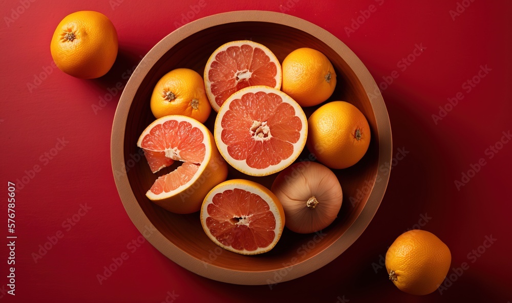 Poster a bowl filled with oranges on top of a red table top next to garlic and garlic cloves on a red table
