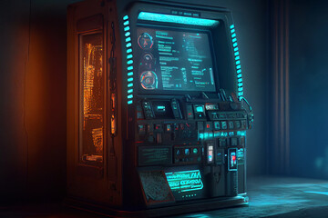 Сyberpunk ATM terminal with bright user interface.
Digitally generated AI image.
