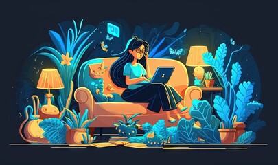  a woman sitting on a couch with a laptop in front of her, surrounded by plants and potted plants, in a dark room.  generative ai