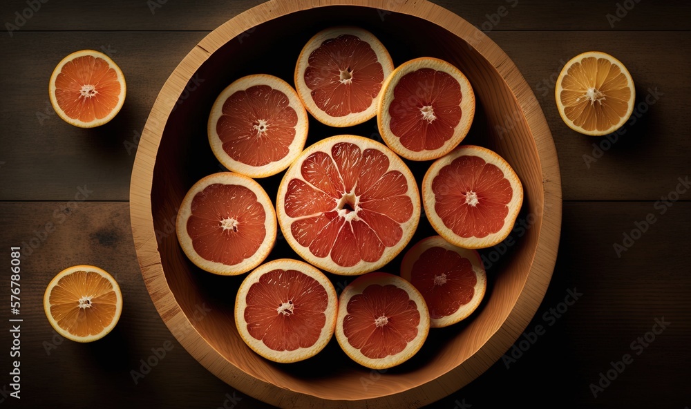 Poster a bowl of grapefruit cut in half on a wooden table with other grapefruits around it and a whole grap