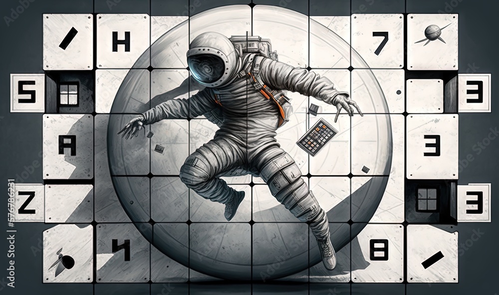 Poster a drawing of a man in an astronaut suit on a cubed background with numbers and a phone in the middle