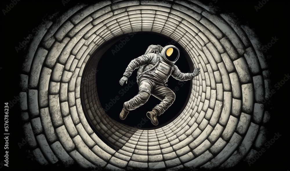 Poster a man in a space suit in a tunnel with a yellow light on his head and a black background with a whit