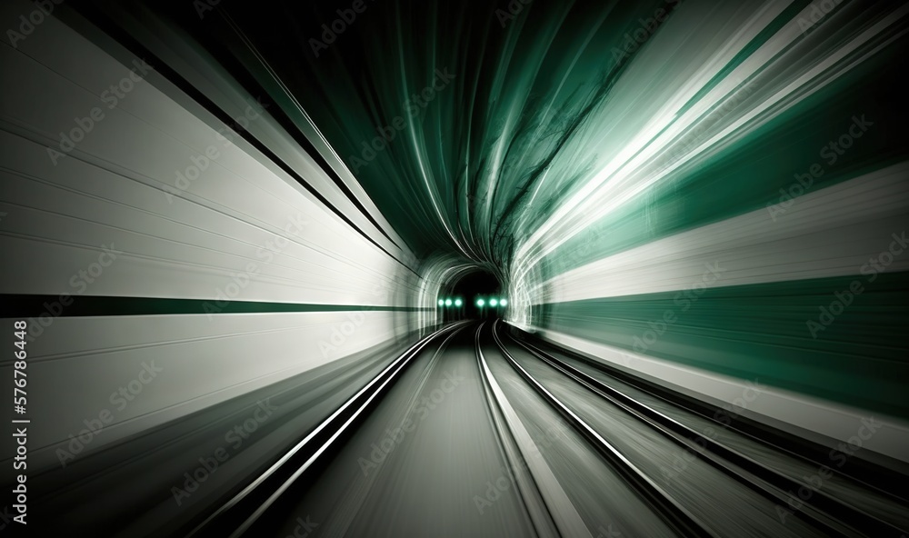 Poster a tunnel with a green light at the end of it and a train going through the tunnel at the end of the 