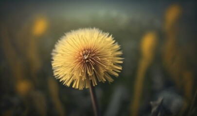  a dandelion flower in the middle of a field of yellow flowers in the background is blurry grass and a dark blue sky.  generative ai