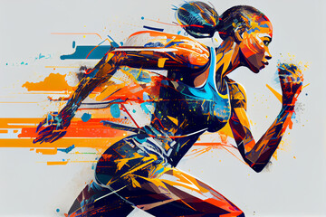 illustration of a fictional woman running, fitness, and track. motion blur, ai generated