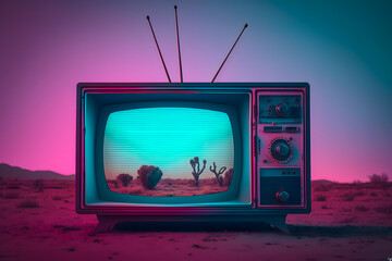 Retro wave, 80s concept. Old tv, neon light in the desert outside cacti in california. Generative AI