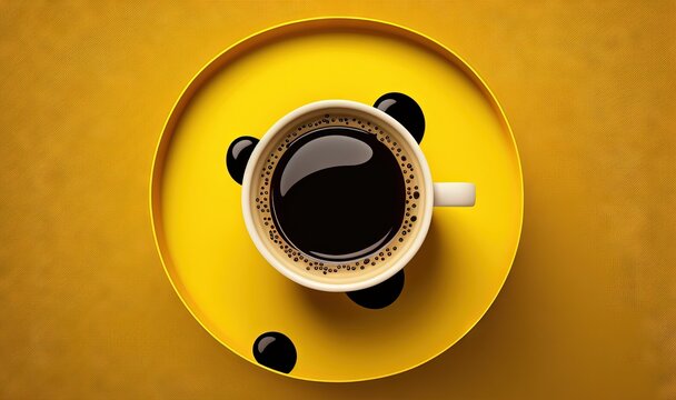  a cup of coffee sitting on top of a saucer on a yellow tablecloth with black dots on the rim of the cup and saucer. generative ai © Shanti