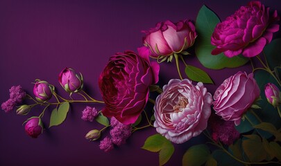  a bunch of flowers that are on a purple surface with green leaves and purple flowers in the middle of the frame, with a purple background.  generative ai
