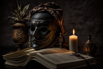 World Theater Day, International Theater Day, beautiful theatrical masks, theatrical elements, created with Generative AI