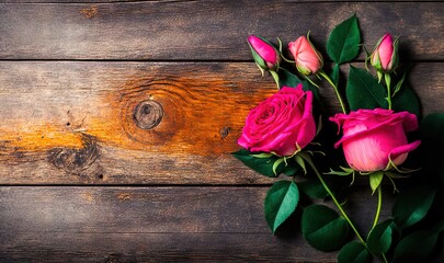  a bunch of pink roses on a wooden table with a wood planked wall in the back ground and a wooden planked wall in the background.  generative ai