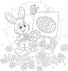 Easter card with a happy little bunny drawing a decorated gift egg with a paintbrush and paints on an easel on a pretty spring lawn with flowers, outlined vector cartoon illustration