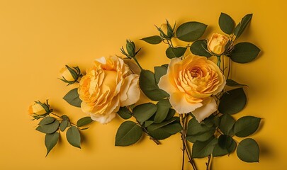  three yellow roses with green leaves on a yellow background with space for a text or a picture or a picture to put on a card.  generative ai