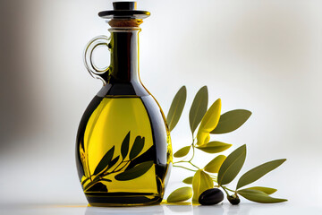 olive oil in a bottle with a bottle half full, elegant luxury fresh relaxing shot, white background copy space, generative ai