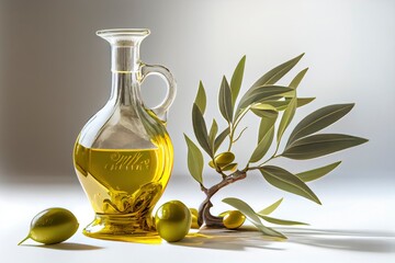 olive oil in a bottle with a bottle half full, white background copy space, generative ai