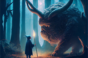 young wizard with magic staff and giant creature looking at each other in the forest, digital art style, illustration painting