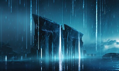  a large structure in the middle of a body of water with a sky background and rain falling from the top of the structure and the bottom of the structure.  generative ai
