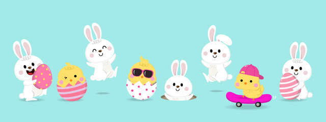 Happy Easter greeting card with cute yellow chick, colourful eggs, bunny and rabbit. Animal wildlife holiday cartoon character. -Vector.