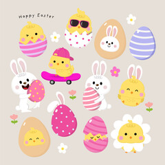 Obraz na płótnie Canvas Happy Easter greeting card with cute yellow chick, colourful eggs, bunny and rabbit. Animal wildlife holiday cartoon character. -Vector.