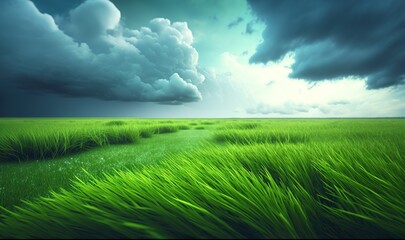 Fototapeta na wymiar a field of green grass under a cloudy sky with a stream of water running through it and a dark cloud in the sky above it. generative ai