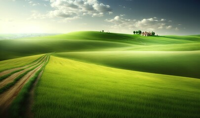  a green field with a dirt road going through it and a house on the hill in the distance in the distance is a blue sky with white clouds.  generative ai