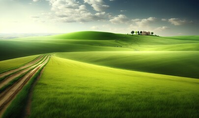  a green field with a dirt road going through it and a house on top of a hill in the distance with clouds in the sky.  generative ai
