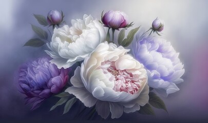  a painting of a bouquet of flowers on a blue background with a pink center and purple petals on the petals and a white center and purple center.  generative ai