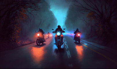  a group of motorcyclists riding down a road in the dark with their headlights on at night time, with fog and trees in the background.  generative ai