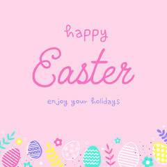 Easter greeting card with eggs and flowers. Minimal design with text. Vector illustration