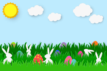Design with Easter eggs and bunnies hidden in the grass. Holiday background with paper cut decorations. Vector illustration