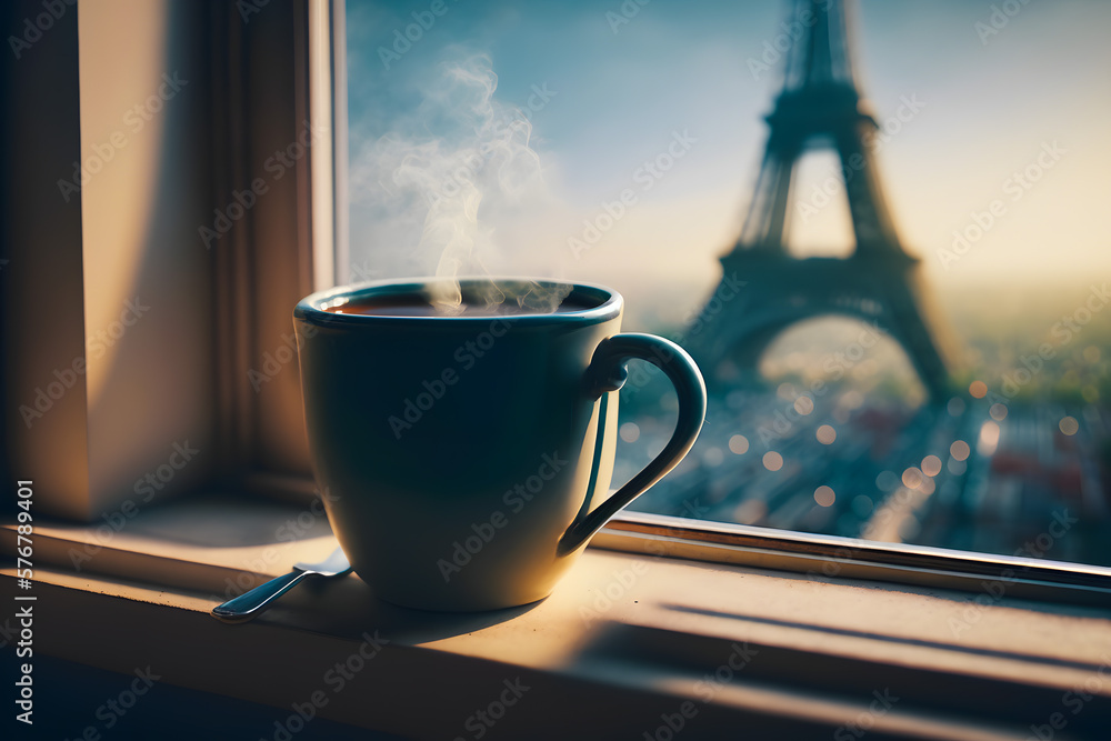 Wall mural cup of morning coffee with steam on the windowsill an open window overlooking paris and the eiffel t