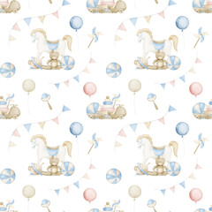 Baby seamless Pattern with Toys in pastel beige colors. Hand drawn watercolor illustration on isolated background with rocking horse and teddy bear for childish textile design or wrapping paper © Alisles