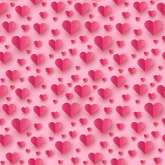 Paper cut hearts flying on pink background. Seamless texture. Concept of design for Valentine’s Day, Mother’s Day and Women’s Day. Vector illustration