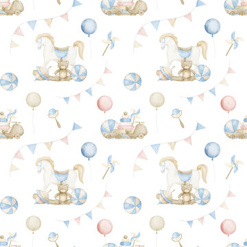 Baby seamless Pattern with Toys in pastel beige colors. Hand drawn watercolor illustration on isolated background with rocking horse and teddy bear for childish textile design or wrapping paper
